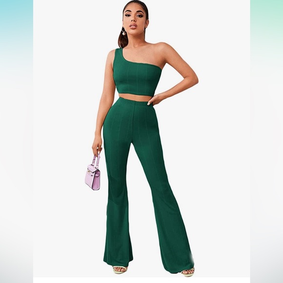 SHEIN Pants - NWOT 2 Piece Pants Outfits One Shoulder Crop Tank Top and Flare Pant Set